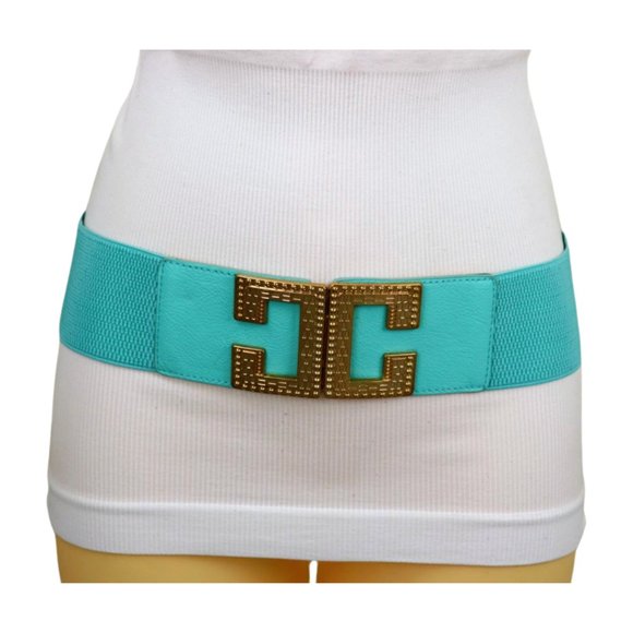 NEW Women Mint Green Shade Elastic Wide Belt Metal C Buckle Adjustable Size S M - Picture 12 of 17